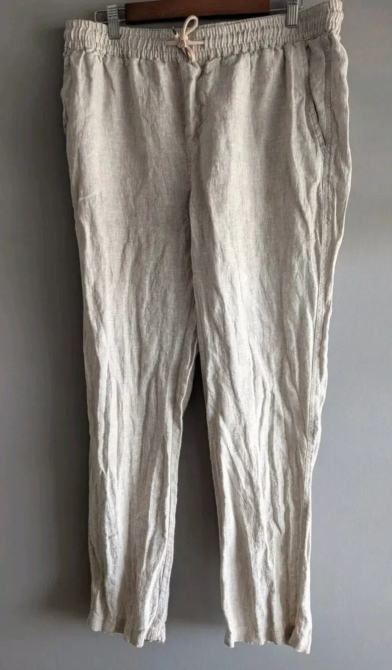 Quince 100% Linen Pants Tapered Leg Drawstring Sustainable Tan Beige Large
